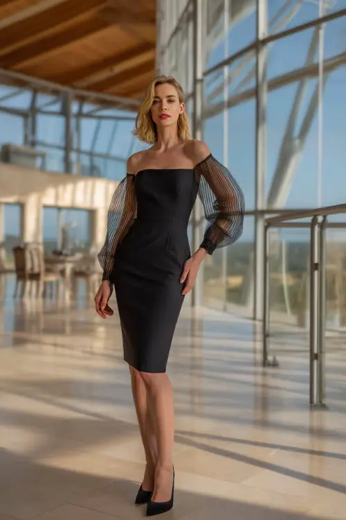 A confident woman over 50 wearing a fitted black sheath dress with long sheer sleeves and black stilettos, standing inside a modern ballroom wedding venue 