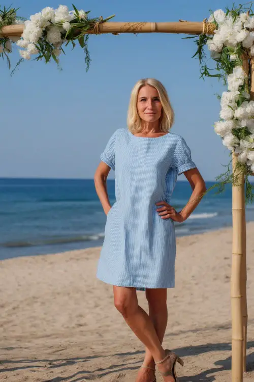 A confident woman over 50 wearing a short-sleeve A-line linen dress in sky blue and open-toe heels, posing near a bamboo arch decorated with white flowers at a beach wedding 