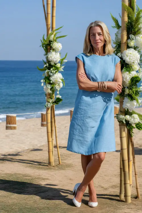 A confident woman over 50 wearing a short-sleeve A-line linen dress in sky blue and open-toe heels, posing near a bamboo arch decorated with white flowers at a beach wedding