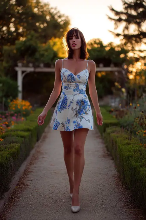 A confident woman wearing a sleeveless white cocktail dress with blue floral prints and low block heels, walking along a flower-lined garden path at sunset