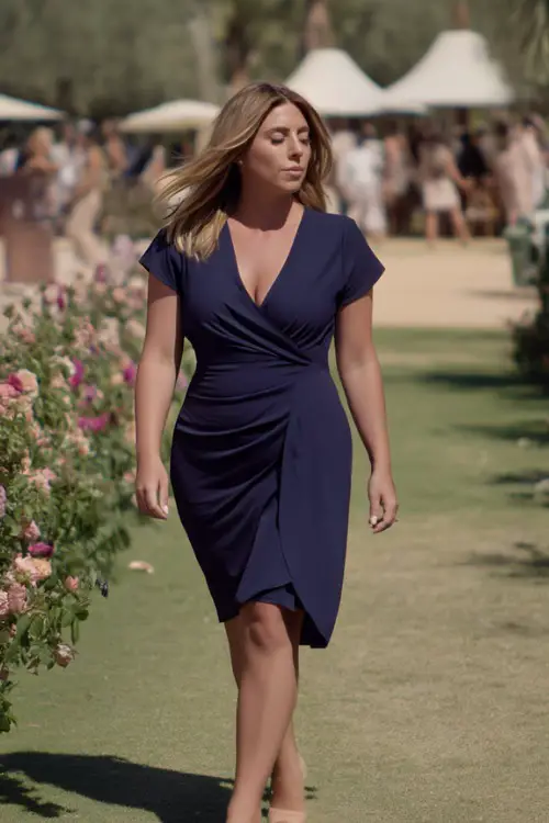 A curvy woman in a navy blue wrap midi dress with short sleeves and neutral wedge sandals, walking along a flower-lined aisle at an outdoor summer wedding 