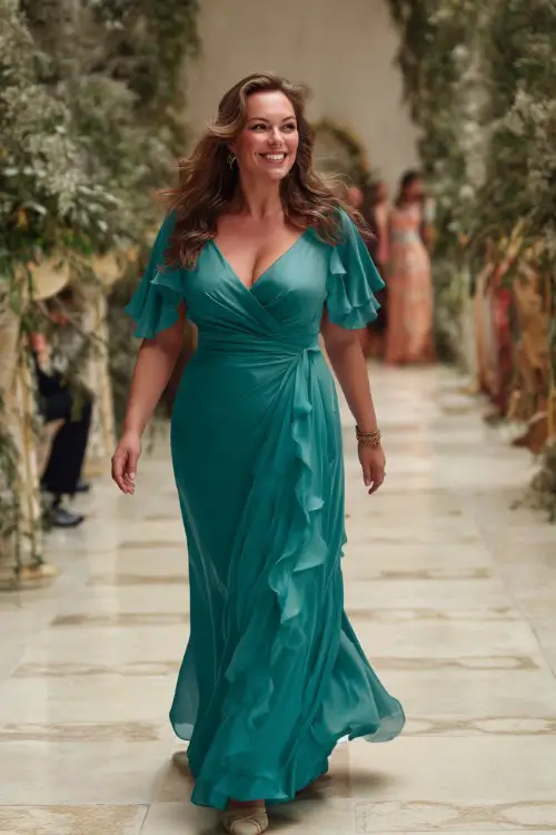 A curvy woman over 50 in a long teal gown with a v-neckline and flutter sleeves, walking through an elegant wedding aisle decorated with greenery 