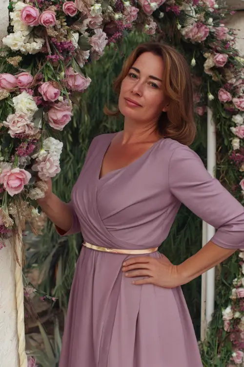 A curvy woman over 50 in a soft mauve A-line dress with three-quarter sleeves and a belt at the waist, posing near a floral archway at a spring outdoor wedding