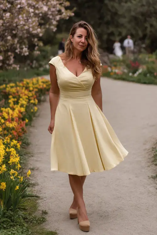 A curvy woman over 50 in a soft yellow fit-and-flare tea-length dress with cap sleeves and tan block heels, walking on a path surrounded by spring flowers at a wedding