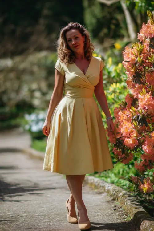 A curvy woman over 50 in a soft yellow fit-and-flare tea-length dress with cap sleeves and tan block heels, walking on a path surrounded by spring flowers at a wedding