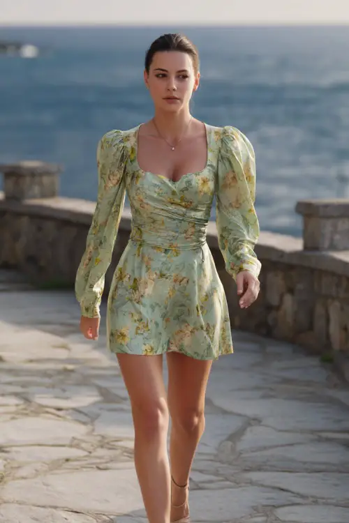 A fashionable short woman in a light green floral-print cocktail dress with puff sleeves and dainty sandals, walking along a stone path toward a coastal ceremony 