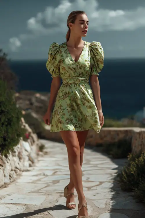 A fashionable short woman in a light green floral-print cocktail dress with puff sleeves and dainty sandals, walking along a stone path toward a coastal ceremony