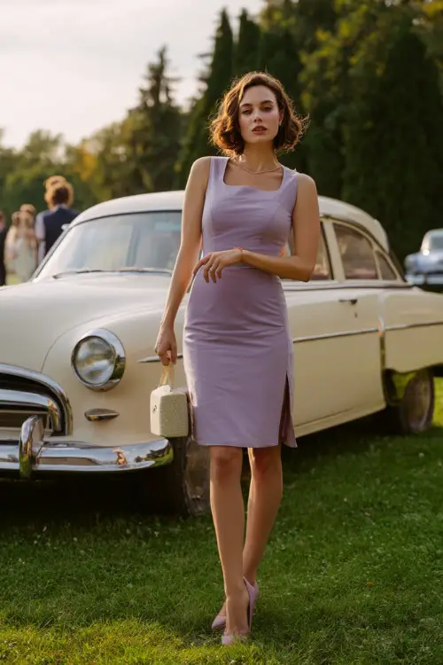 A fashionable short woman in a light pastel purple fitted cocktail dress with a slit, standing near a vintage car at a garden wedding