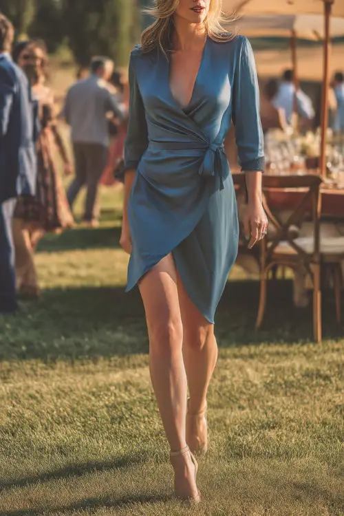 A fashionable woman in a dusty blue wrap-style cocktail dress with side ties and low heels, walking across a lawn toward an alfresco wedding reception 