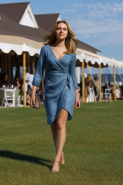 A fashionable woman in a dusty blue wrap-style cocktail dress with side ties and low heels, walking across a lawn toward an alfresco wedding reception