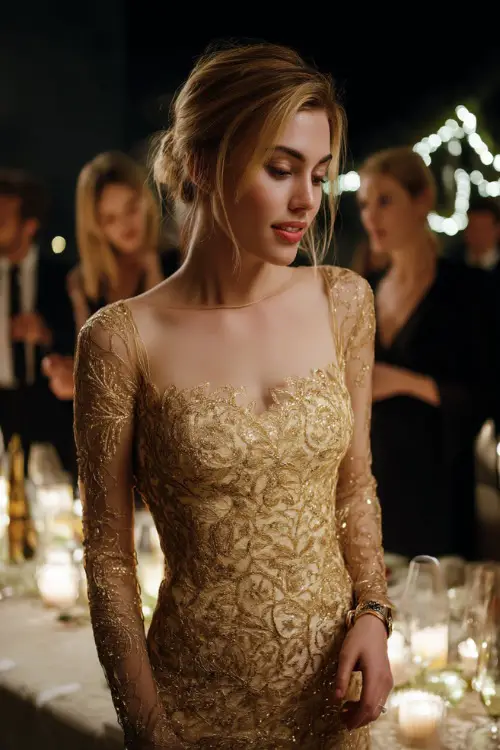 A fashionable woman in a gold cocktail dress with sequin embroidery and a classic silhouette, standing at a black-tie evening wedding surrounded by candlelight and string lights 
