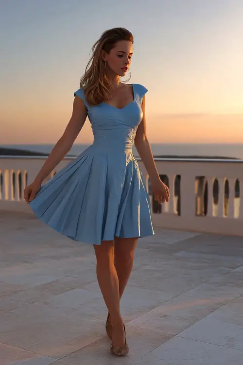 A fashionable woman in a powder blue cocktail dress with cap sleeves and a pleated skirt, walking across a rooftop terrace overlooking a coastal sunset 