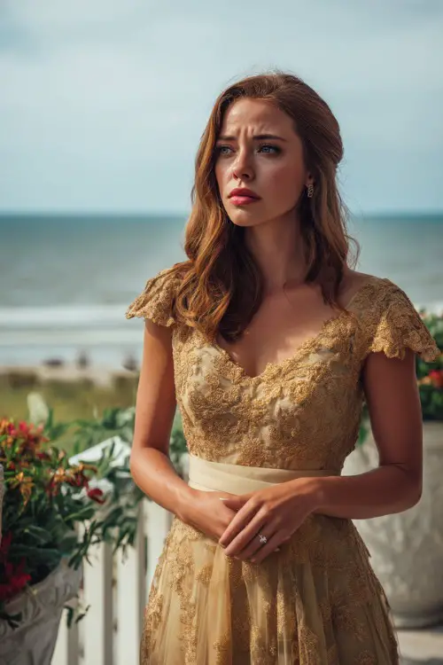 A fashionable woman in a soft gold embroidered gown with cap sleeves and a flowing hemline, standing at a coastal wedding overlooking the ocean 
