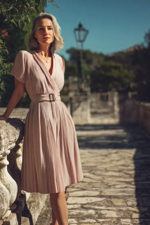 A fashionable woman over 50 in a blush pink midi dress with pleats, short sleeves, and a matching belt, standing along a cobblestone path at a spring wedding 