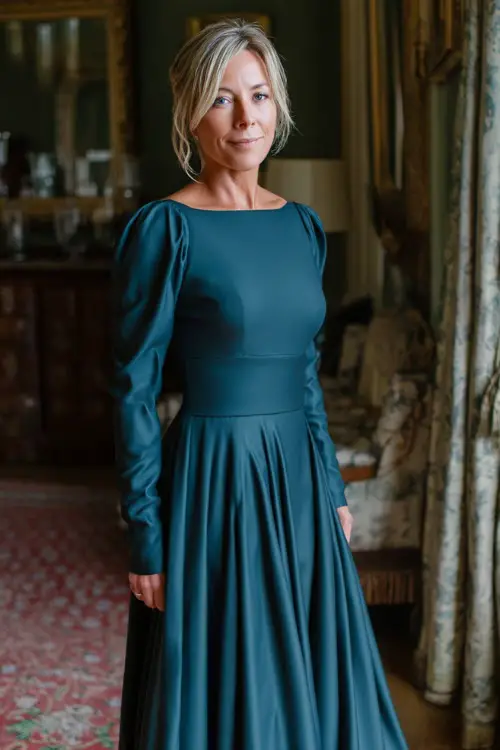A fashionable woman over 50 in a dark teal gown with long sleeves, a fitted bodice, and flared skirt, standing inside a historic venue decorated for a formal wedding 