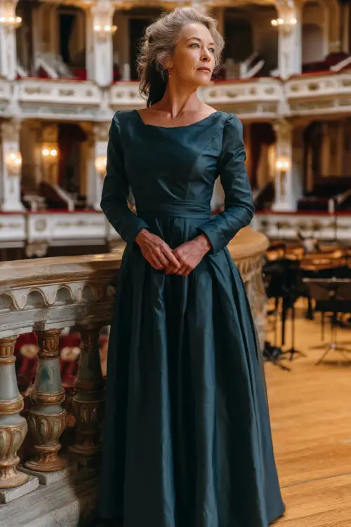 A fashionable woman over 50 in a dark teal gown with long sleeves, a fitted bodice, and flared skirt, standing inside a historic venue decorated for a formal wedding 