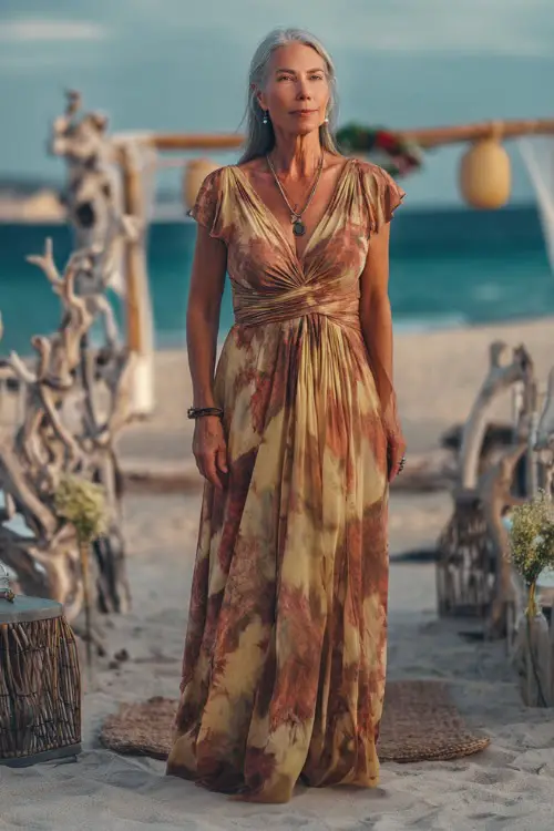 A fashionable woman over 50 in a flowy boho-style maxi dress with cap sleeves and woven sandals, standing at a beachside wedding setup with driftwood decor