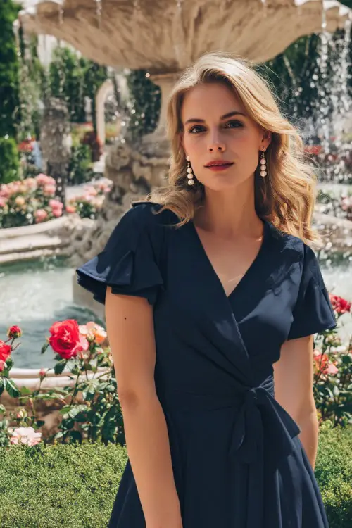 A fashionable woman wearing a deep navy wrap dress with short flutter sleeves and pearl earrings, standing near a garden fountain surrounded by roses