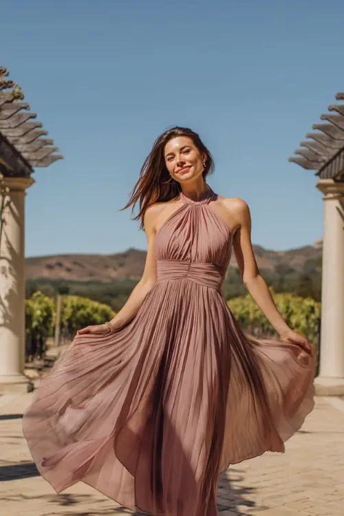 A fashionable woman wearing a dusty rose halter-neck flowy dress with soft pleats, twirling under a pergola at a vineyard wedding reception 