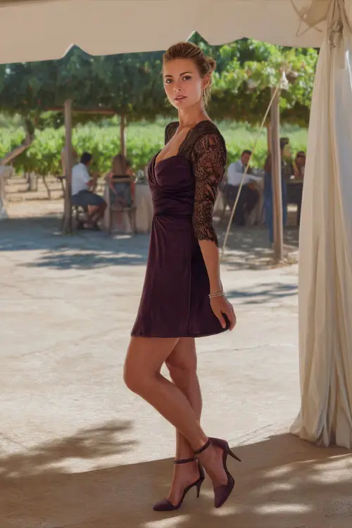 A graceful woman in a dark plum cocktail dress with lace sleeves and strappy heels, standing under a white canopy at an elegant vineyard wedding