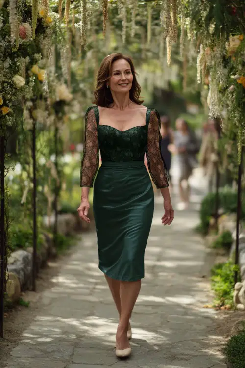A graceful woman over 50 in a dark green tea-length dress with sheer lace sleeves and beige heels, walking through a garden decorated for an elegant outdoor wedding
