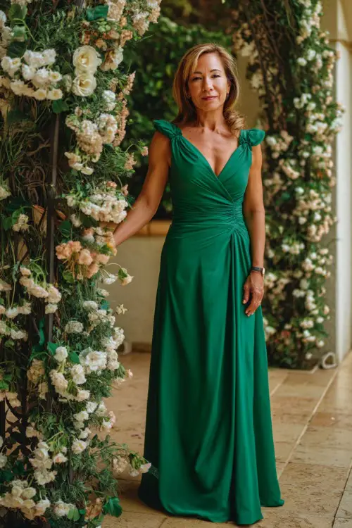 A graceful woman over 50 in a floor-length emerald green gown with a v-neckline and cap sleeves, standing by a floral arch at a formal outdoor ceremony 