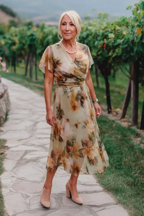 A graceful woman over 50 in a midi-length floral chiffon dress with short sleeves, beige block heels, and a pearl necklace