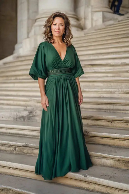 A graceful woman over 50 wearing a floor-length emerald green gown with a V-neckline, flutter sleeves, and subtle beading at the waist 