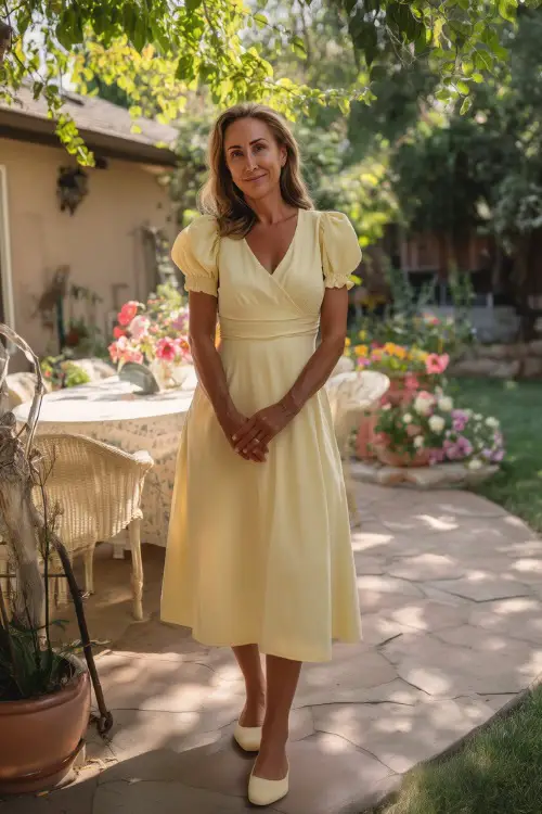 A graceful woman over 50 wearing a pastel yellow midi dress with puff sleeves and flat sandals, posing in a sunlit backyard decorated with summer florals for a casual outdoor wedding 
