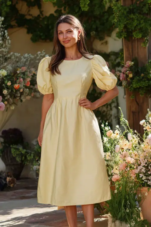 A graceful woman over 50 wearing a pastel yellow midi dress with puff sleeves and flat sandals, posing in a sunlit backyard decorated with summer florals for a casual outdoor wedding