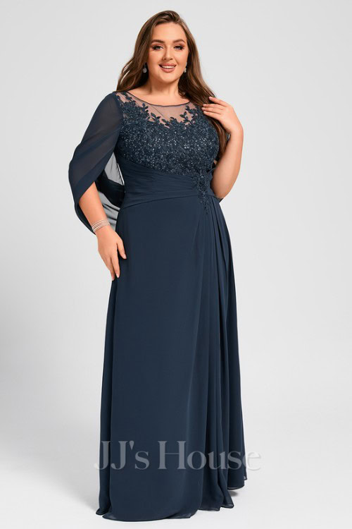 A-line Illusion Scoop Floor-Length Lace Chiffon Mother of the Bride Dress With Sequins Cape Pleated