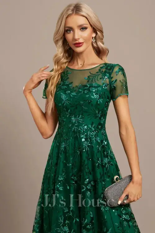 A-line Scoop Illusion Asymmetrical Sequin Lace Evening Dress