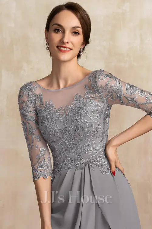 A-line Scoop Illusion Floor-Length Chiffon Lace Mother of the Bride Dress With Beading Sequins Cascading Ruffles