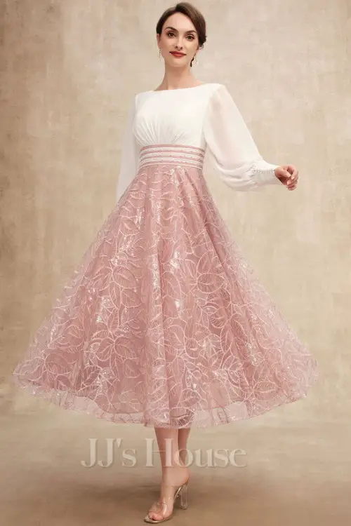 A-line Scoop Tea-Length Chiffon Lace Evening Dress With Pleated Sequins Beading