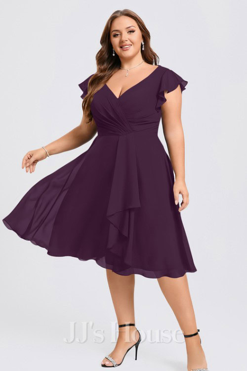 A-line V-Neck Knee-Length Chiffon Bridesmaid Dress With Ruffle