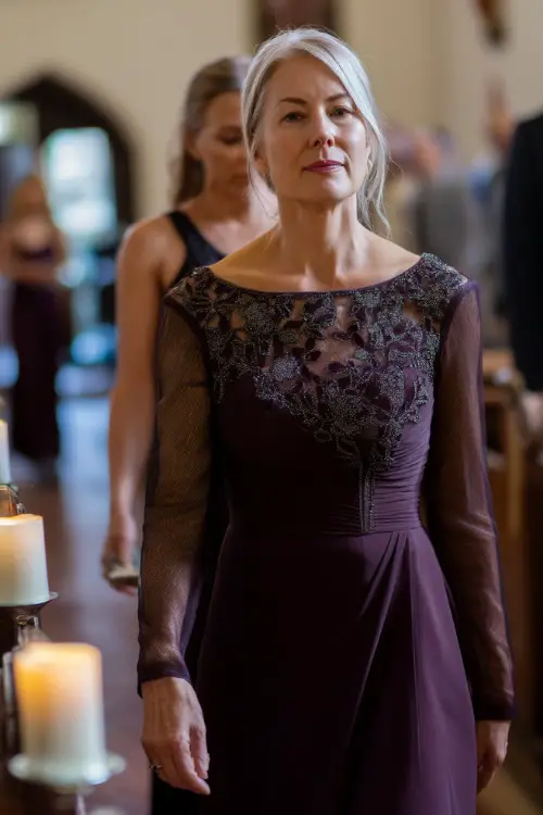 A mature woman over 50 in a dark plum gown with sheer long sleeves and embroidered details, walking along a candle-lined aisle at a church wedding
