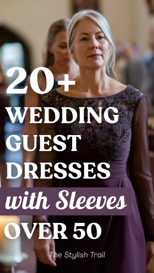 A mature woman over 50 in a plum wedding guest dress with sleeves and embroidered details