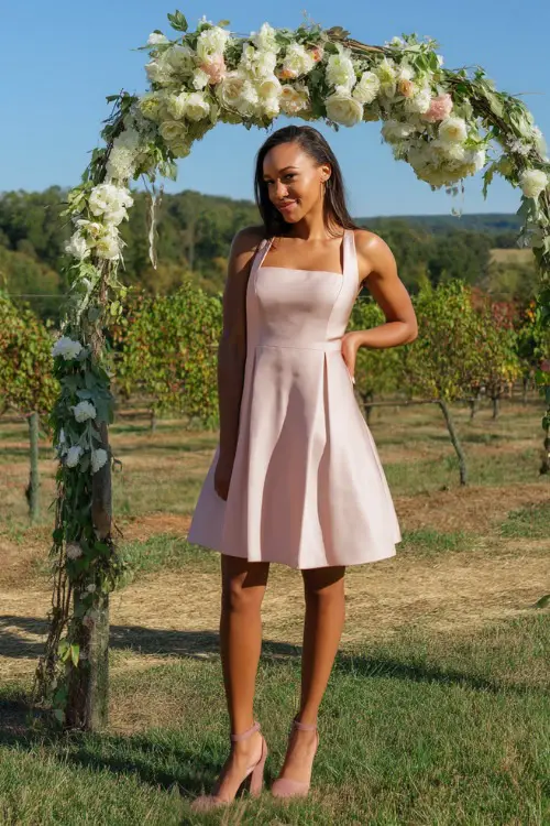 A petite woman wearing a blush pink A-line cocktail dress with a square neckline and neutral block heels, standing near a white floral arch at a countryside wedding