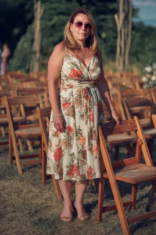 A plus-size elegant woman over 50 wearing a knee-length floral chiffon dress with a defined waist and sandals, standing beside rustic wooden chairs at a countryside wedding