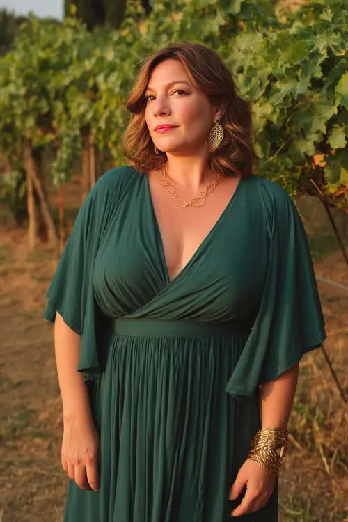 A plus-size woman over 50 in a dark green empire waist maxi dress with flutter sleeves and gold accessories, standing in a vineyard wedding venue during golden hour