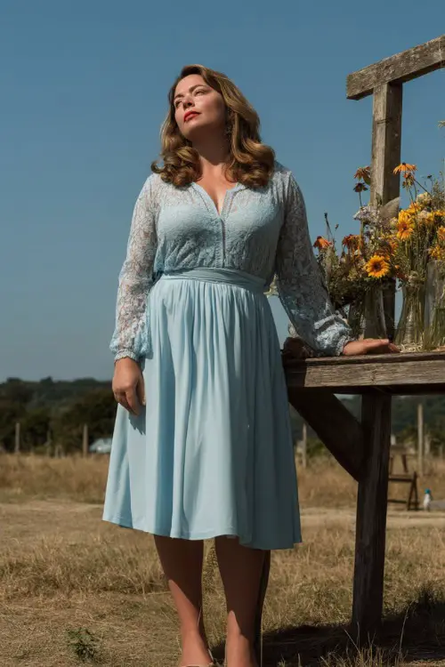 A plus-size woman over 50 in a pastel blue midi dress with a lace bodice and flared skirt, posing by a simple outdoor altar with wildflowers