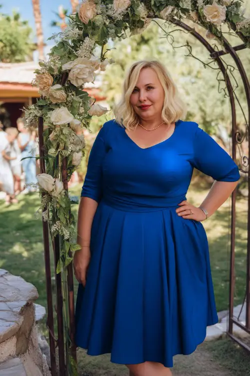A plus-size woman over 50 in a royal blue fit-and-flare midi dress with elbow-length sleeves, standing beside a decorated arch at a garden ceremony