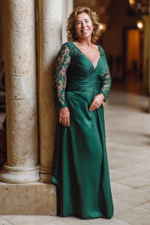 A plus-size woman over 50 wearing a long emerald green gown with lace sleeves and a defined waist, standing inside a softly lit elegant wedding venue