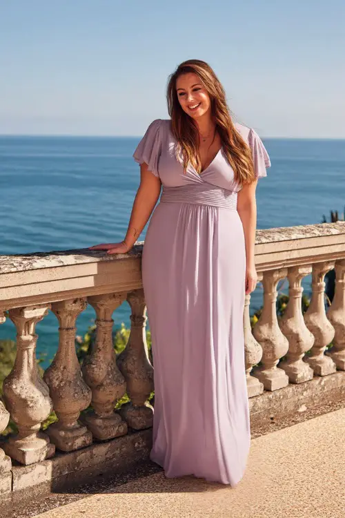 A plus-size woman wearing a light lavender empire-waist maxi dress with flutter sleeves, posing on a terrace overlooking the ocean at a coastal wedding 