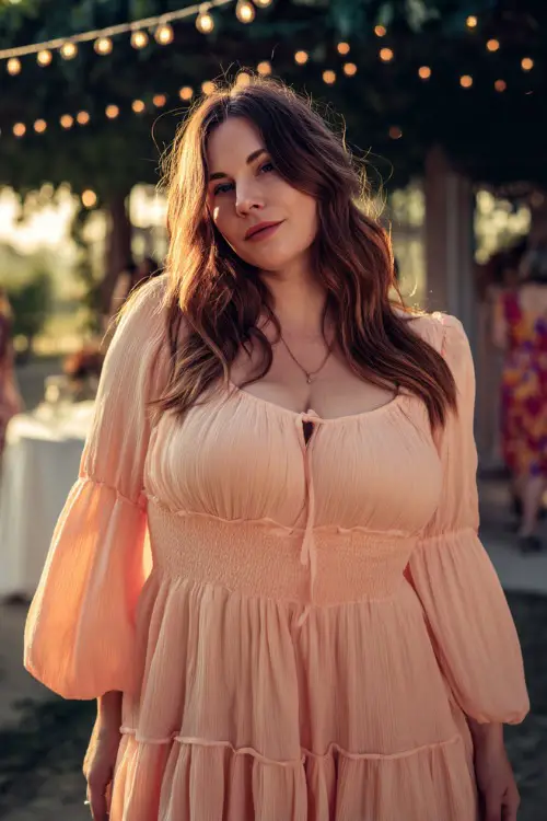 A plus-size woman wearing a pastel peach midi dress with a tiered skirt and puff sleeves, posing under string lights at a sunset wedding reception