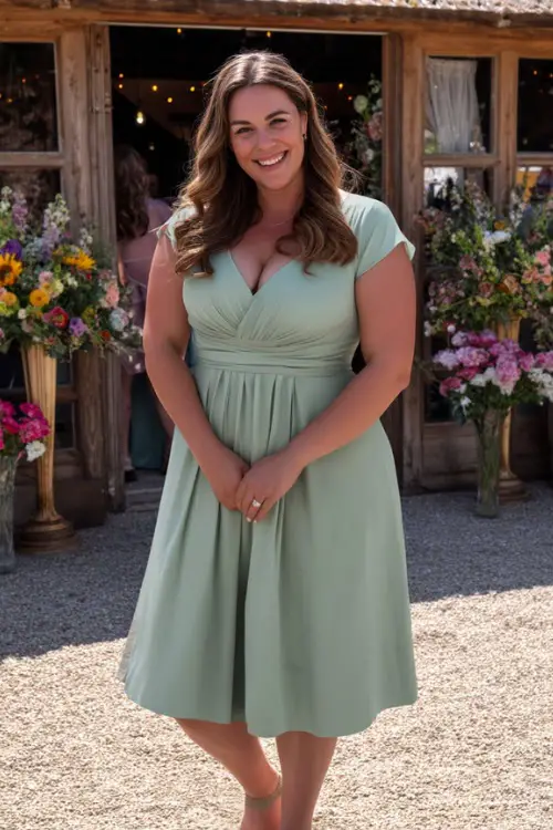 A plus-size woman wearing a sage green midi dress with cap sleeves and flat sandals, posing in front of a barn-style wedding venue decorated with summer flowers