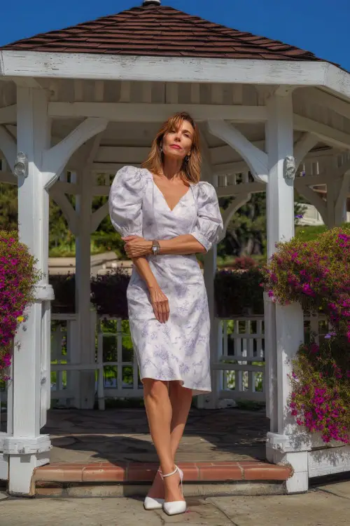 A poised woman over 50 in a white and lavender floral tea-length dress with puff sleeves and low heels, posing in front of a small white gazebo with spring flowers all around