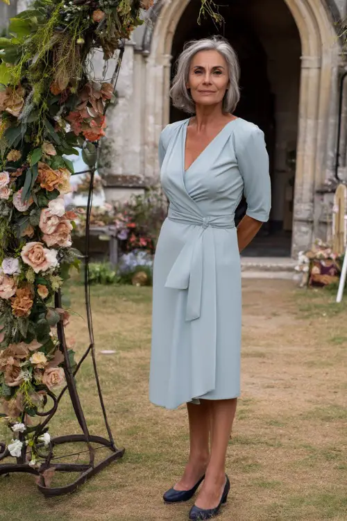 A poised woman over 50 wearing a powder blue wrap dress with elbow-length sleeves and low heels, posing next to a floral arch at a daytime wedding