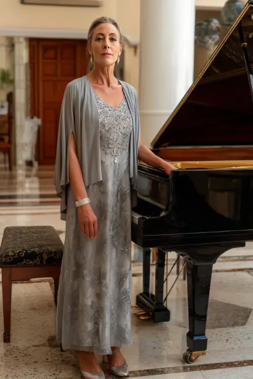 A poised woman over 50 wearing a silver-gray embroidered long dress with a cape overlay and metallic heels, standing beside a grand piano in a formal wedding venue