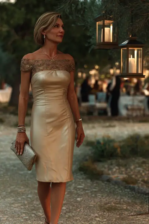A refined woman over 50 in a champagne-colored midi dress with an embellished neckline and clutch bag, walking along a path toward an elegant wedding reception under lanterns 